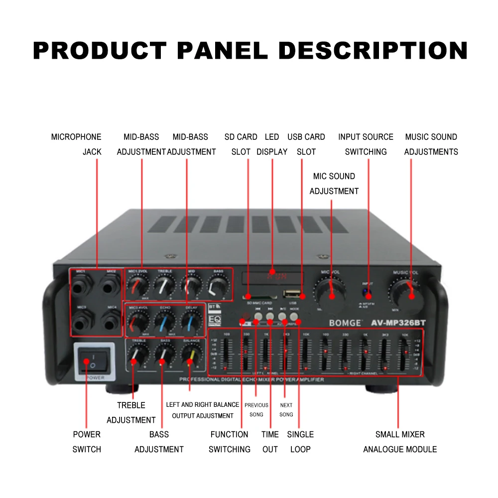 BOMGE 326 Audio Amplifier Car Home Bluetooth Power Amplifiers 2 Channel Bluetooth Surround Sound FM USB Remote Control