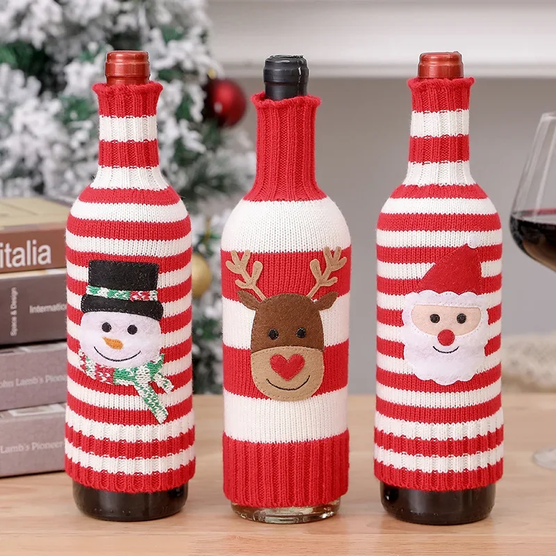 Wine Bottle Cover Christmas Decor Handmade Knit Cute Santa Claus Wine Cup Dress Bags Reusable Xmas Home New Year Decoration Gift