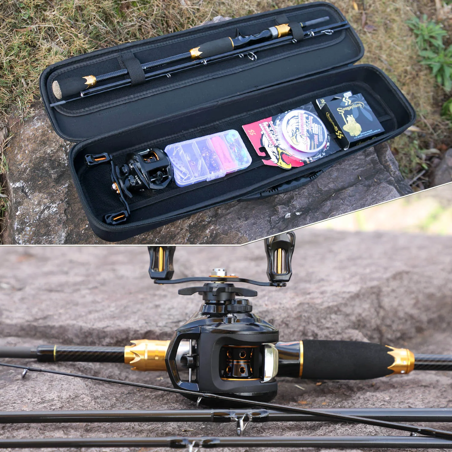 Fishing Pole Set Fishing Rod Sougayilang 1.8m 2.1m Baitcsting Rod 4 Section M Power Carbon 100M Fishing Line Lures Hooks Jig Head Pesca