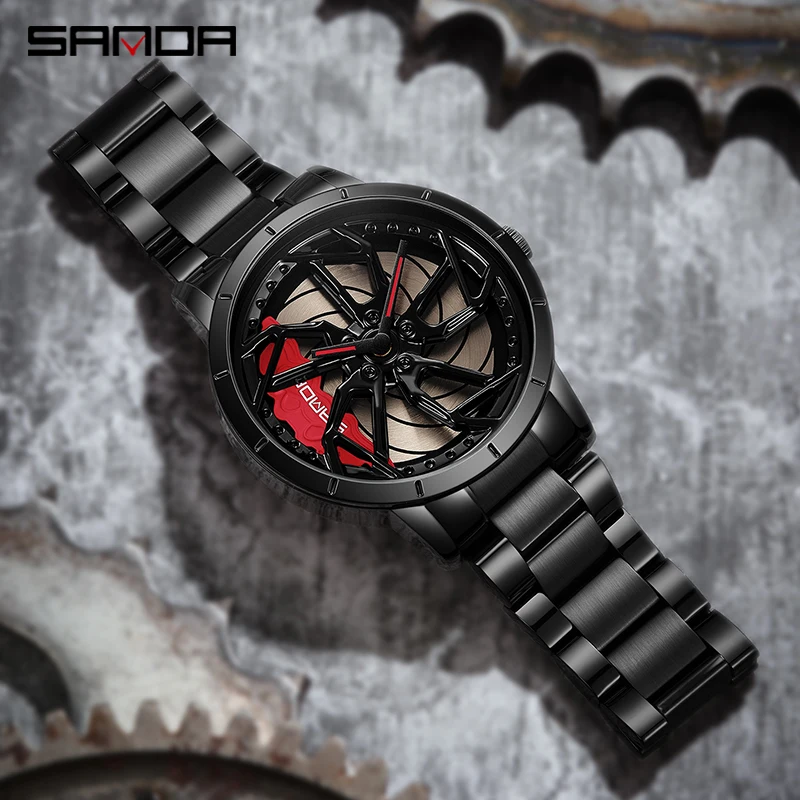 SANDA New GTR Mens Racing Watch Fashion Red Brake Caliper Quartz Watches Stainless Steel Strap 30M Water Resistant Reloj Hombre tuning brake systems big brake kit ap 18z 6 pot modified racing brake caliper