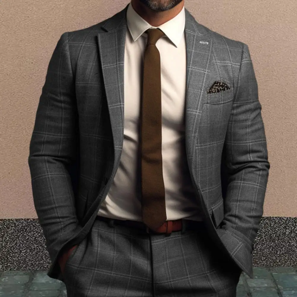 Lapel Suit Coat Elegant Plaid Print Men's Suit Coat for Formal Business Style Slim Fit Single Button Closure for Work men blazers