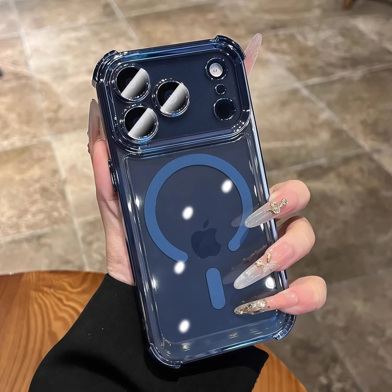 Enhanced Plating Shockproof Transparent Case with MagSafe Compatibility and Wireless Charging Support