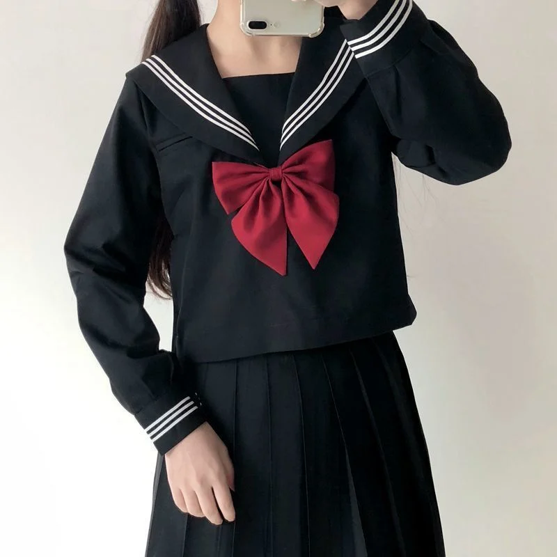 Japanese Schoolgirl Skirt Japanese School Uniform Girls Plus Size Jk Suit Red Tie Black Three Basic Sailor Uniform Women Long Sleeve Suit