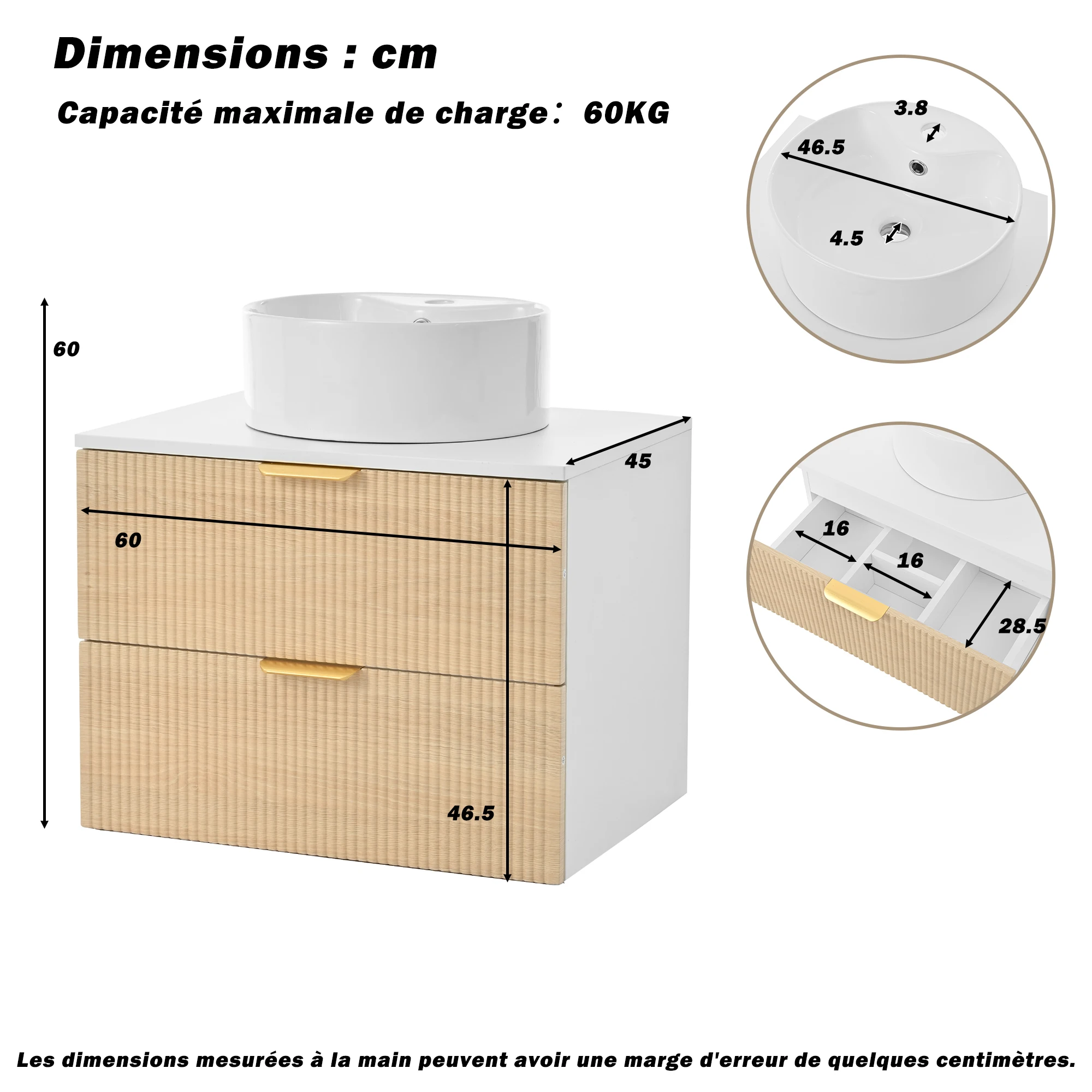60 cm großer wandmontierter Badezimmerschrank mit rundem Keramikwaschbecken, Holzoptik-Schubladenfronten und 2 Schubladen für viel Stauraum. – Detail 7