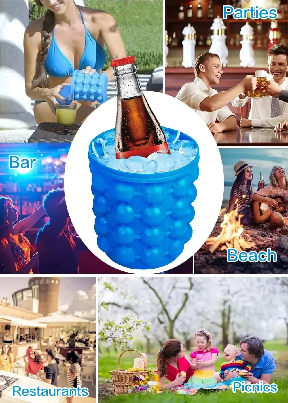 Ice Cube Mold Ice Tray Large Silicone Bucket (2-In-1) Cube Maker Circular Portable (Dark Blue) Suitable For Summer