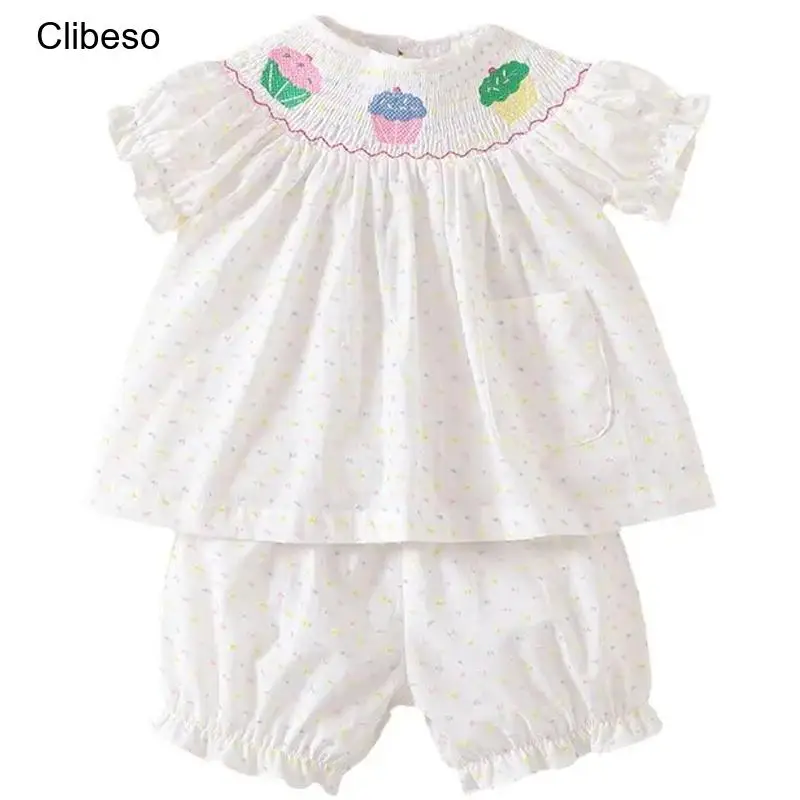 2024 Clibeso 여아용 여름 반팔 세트, 스모크 원피스 케이크 제작, 손으로 스모킹 아동복, 셔츠 상의 및 바지