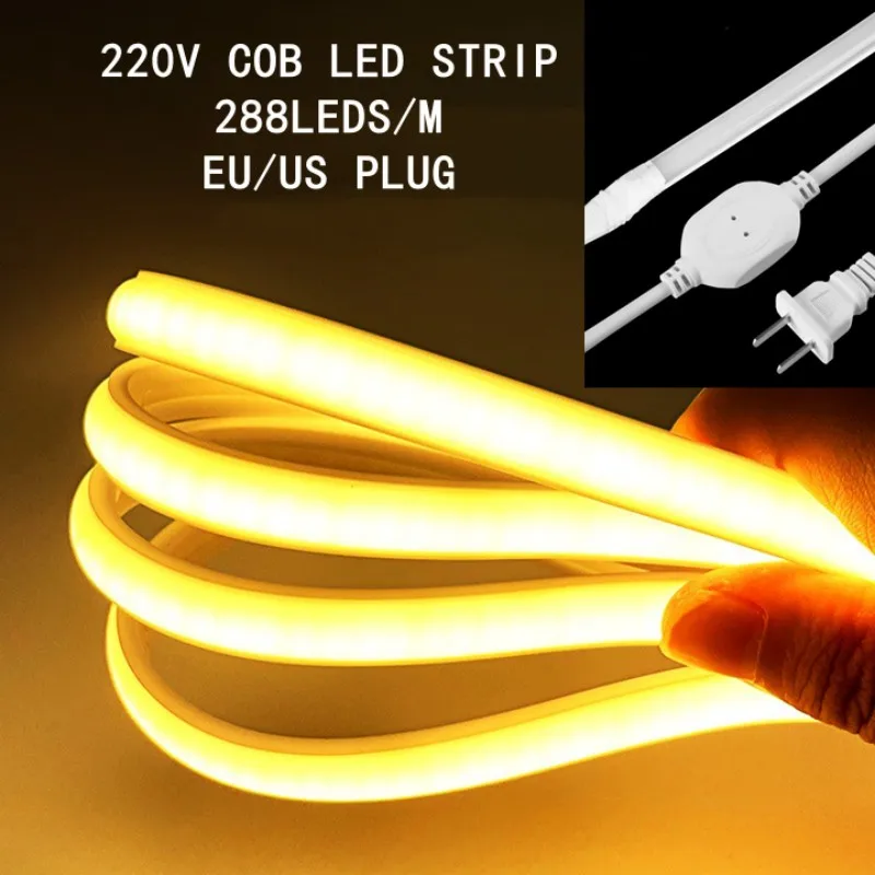 220V COB Led Strip Light 288 Leds/M Super Bright Flexible Tape EU US Power Plug Waterproof 1-10M for Outdoor Home Lighting Decor