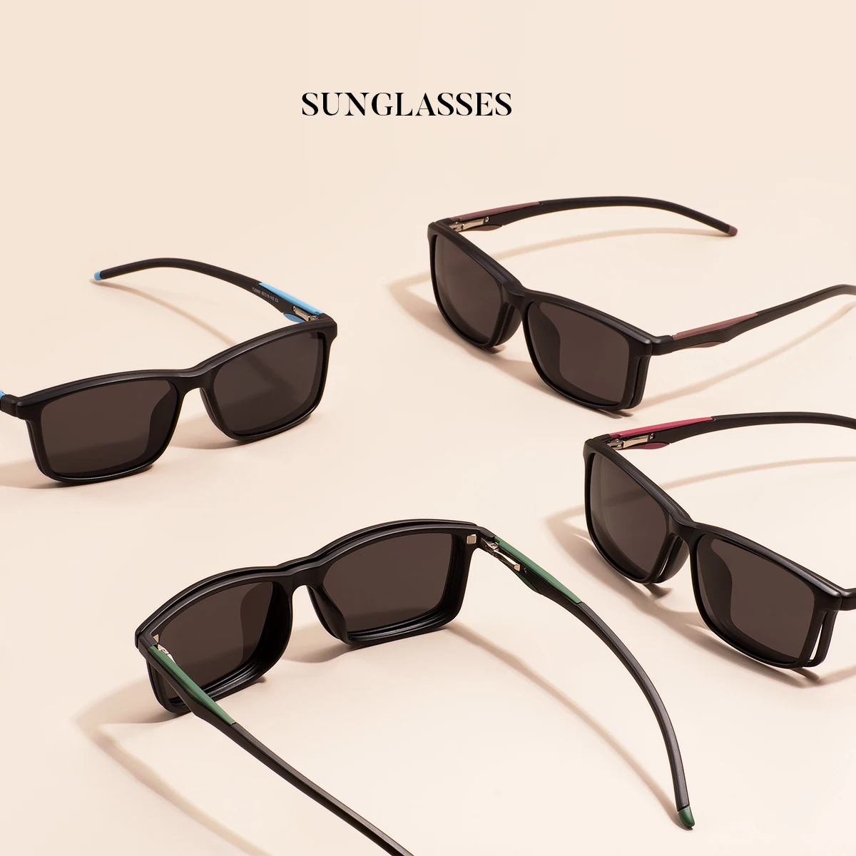 Óculos de sol com dobradiça de mola para homens e mulheres, aro retangular completo, lentes magnéticas, tamanho grande, preto