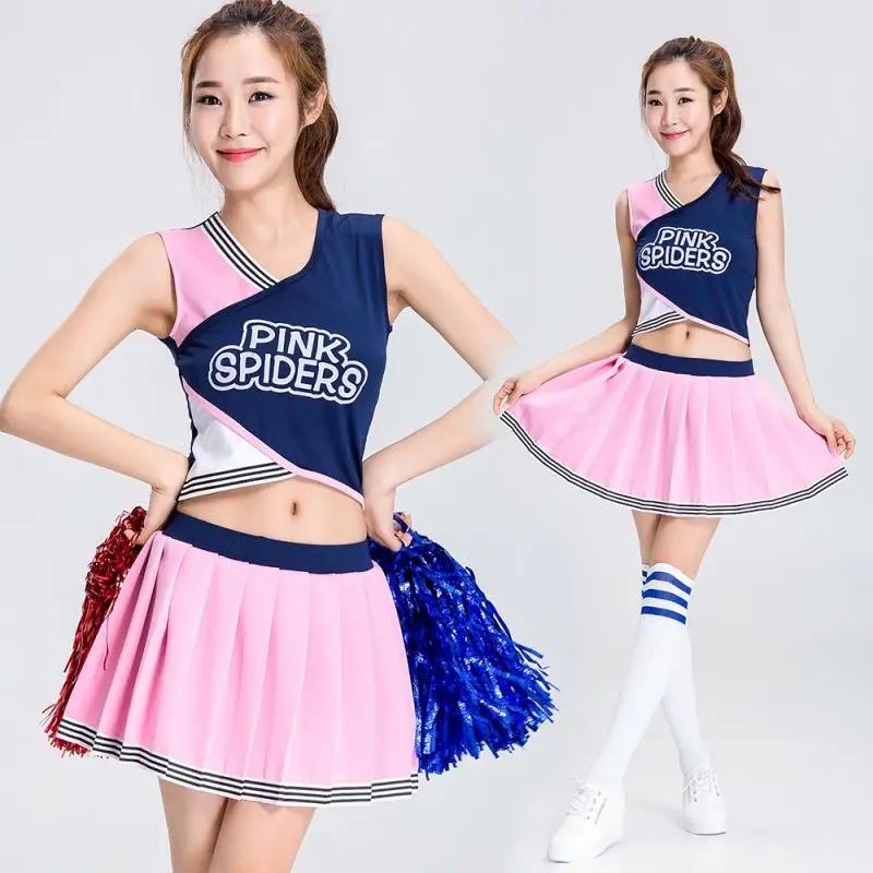 

Womens Cheerleading Costume Uniform Carnival Cosplay Outfit V Collar Sleeveless Crop Top and Skirt Set