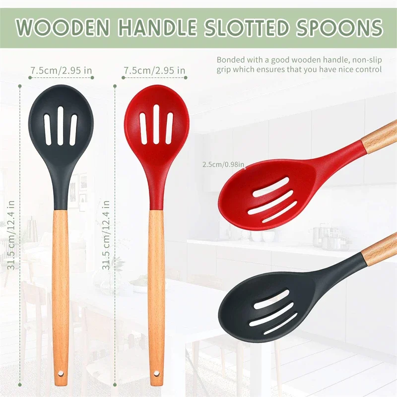 2Pcs Non-Stick Silicone Skimmer Colander Wooden Handle Slotted Serving Spoon Heat-Resistant Cooking Utensil Salad Stirring Spoon