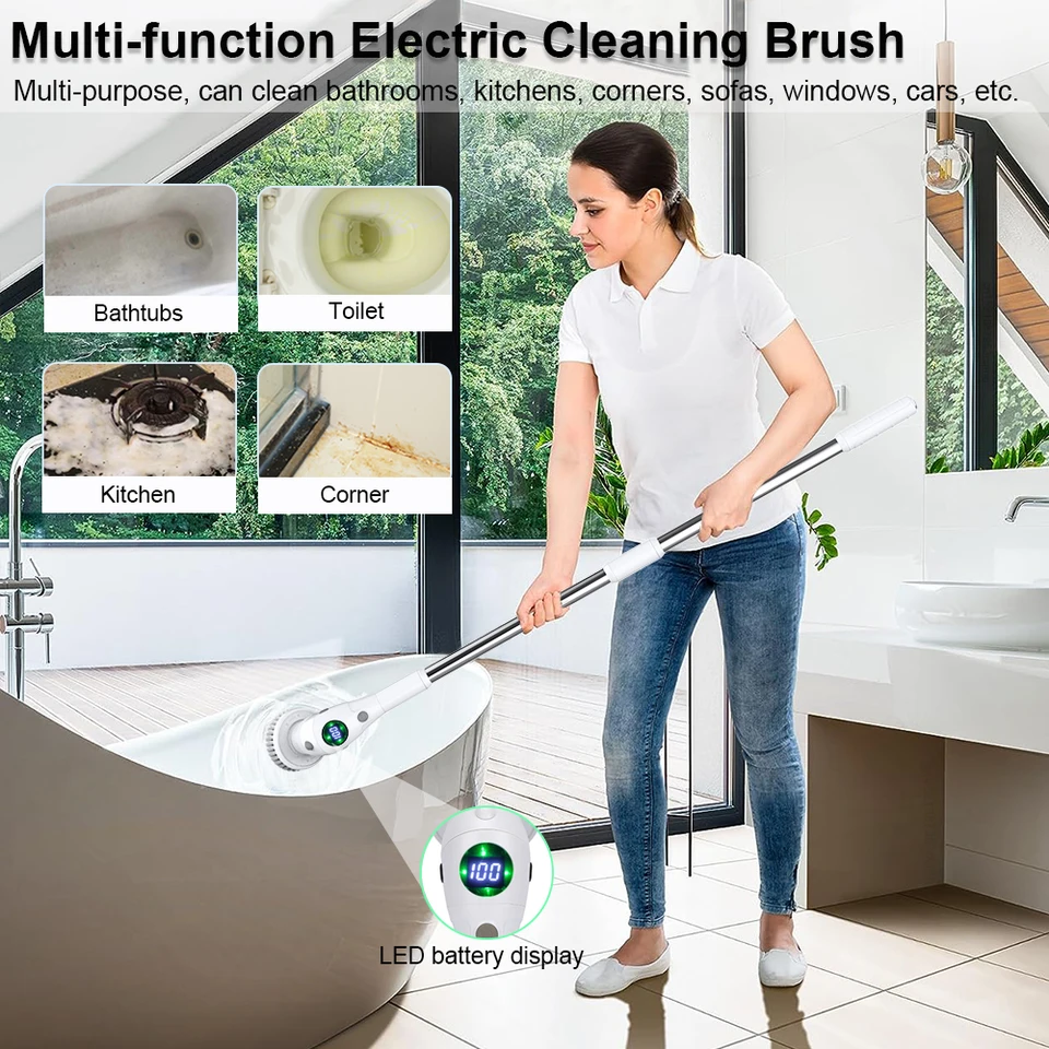 Spazzola Elettrica Rotante UCAMP 8 In 1 – Senza Fili, Asta Regolabile 30-106 Cm, 5 Velocità, IPX7, Per Pulizia Casa, Bagno, Cucina E Auto