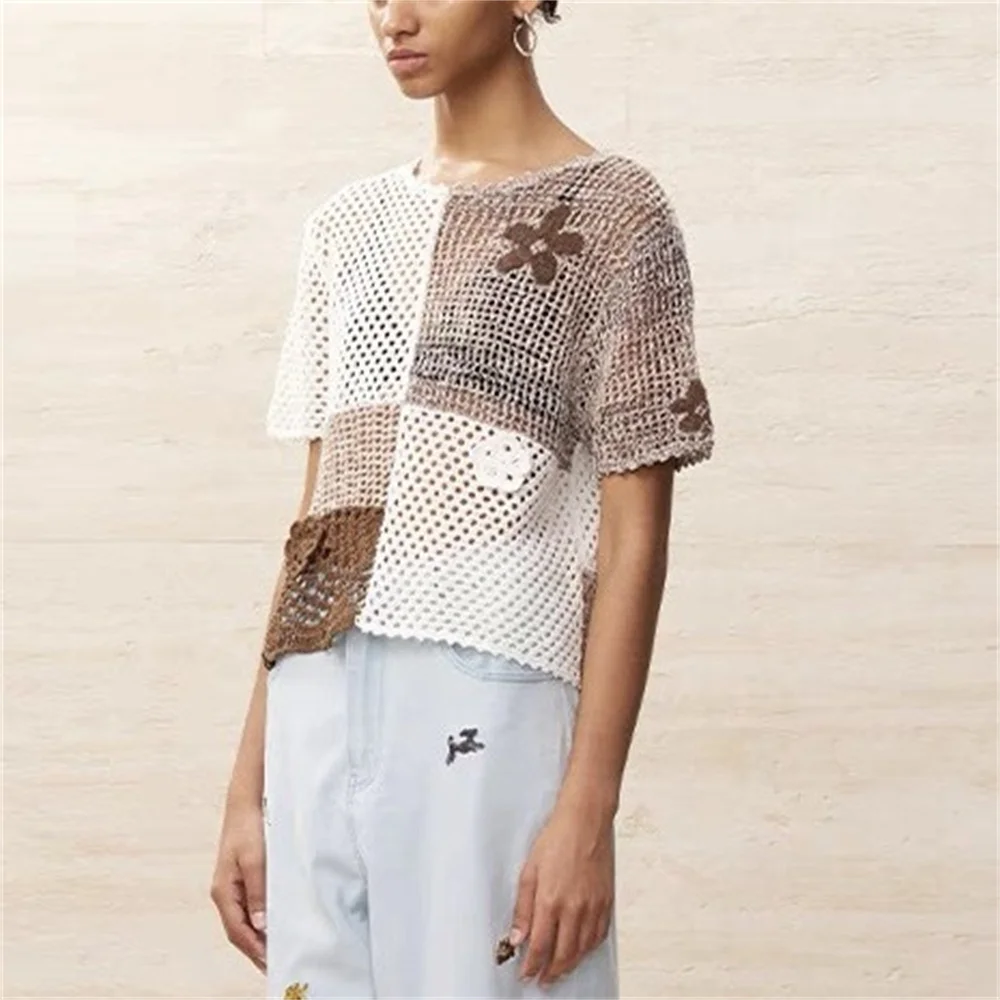 

2024 Summer New Handmade Crochet Knitted T-Shirt Women Retro Three Dimensional Flowers Hollow Out Texture Spliced Knitwear Tee