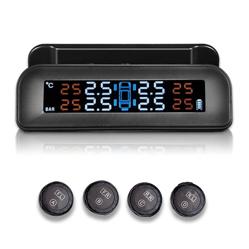 

Car Solar Powered TPMS Car Tire Pressure Monitor System Wireless 4 Outer Sensors Color Digital Screen