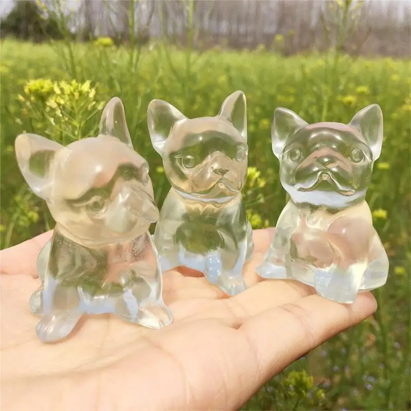 Natural Clear Glass French Bulldog Hand-carved Cartoon Crystal Healing Stone Home Decor Creative Christmas Gifts For Kids 1pcs 6