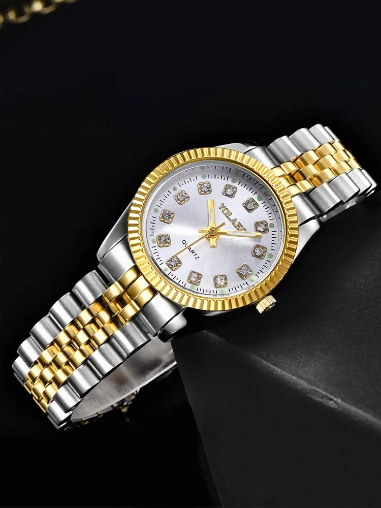 1pcs Women's Fashion Round Room Gold Steel Band Quartz Wristwatch 4
