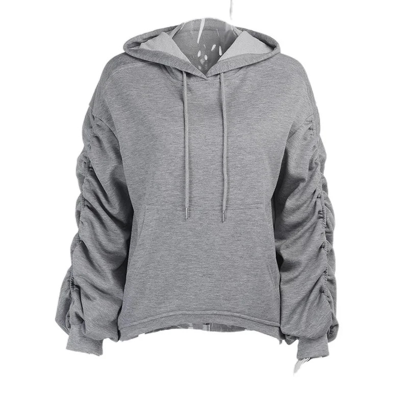 Ruched Hoodies Women Casual Oversized Sweatshirt Long Baloon Sleeve 2024 Winter Autumn Sweat Hooded Top with Pocket Sports Tops