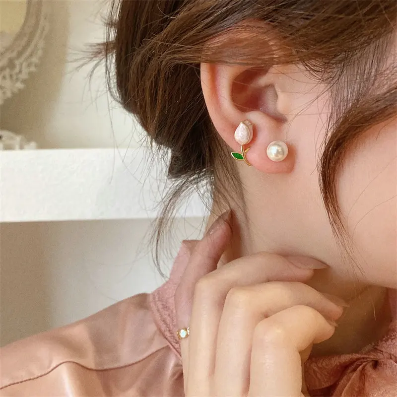 2022 orecchini di perle di fiori di tulipano in stile francese orecchini a bottone con ago in argento estivo per gioielli moda donna  36