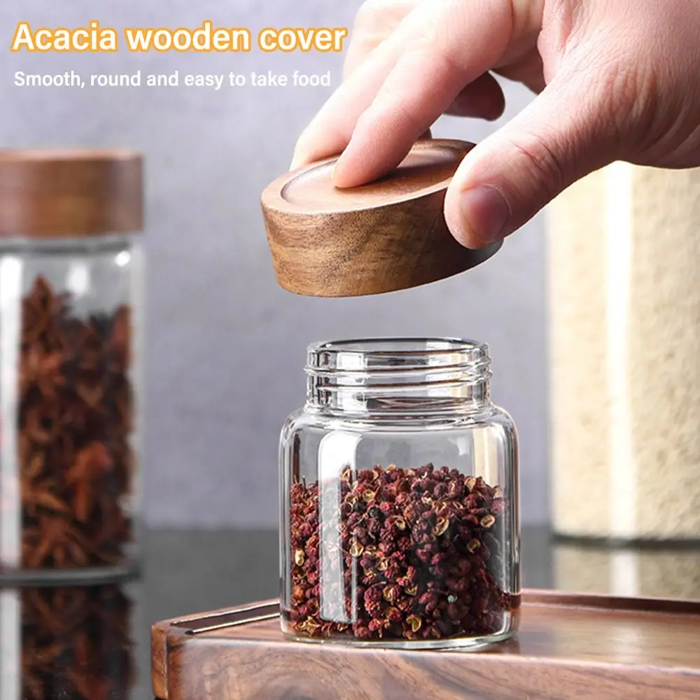 Glass Transparent Acacia Wood Containers With Lids Storage Tank Storage Pots Sealed Can Split Bottle Spice Jars 4