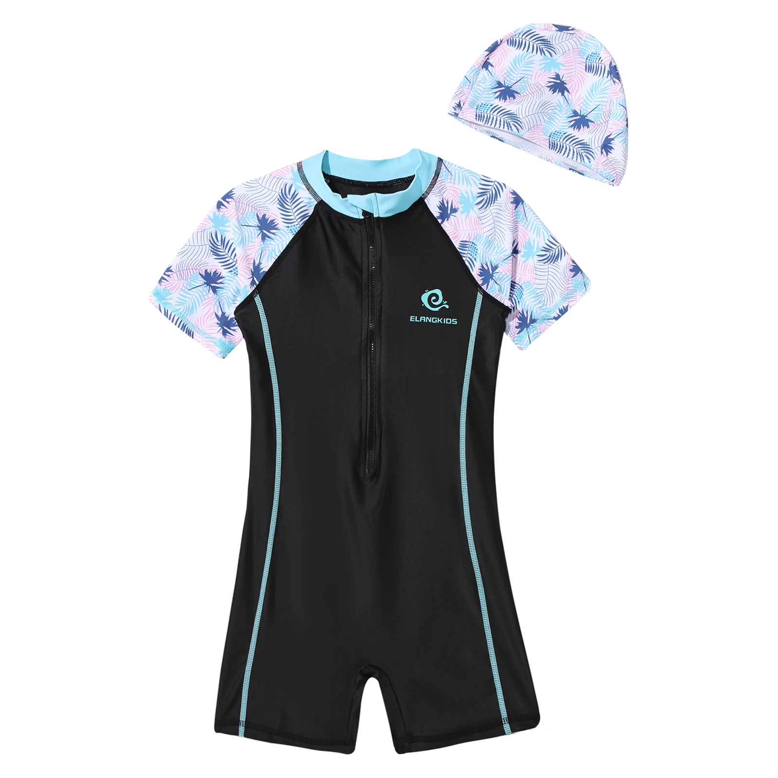 Kids Girls One-piece Print Swimsuit Hat Front Zipper Jumpsuit Athletic Boyshort Swimswear Pool Beach Swimming Bathing Suit children swimsuit