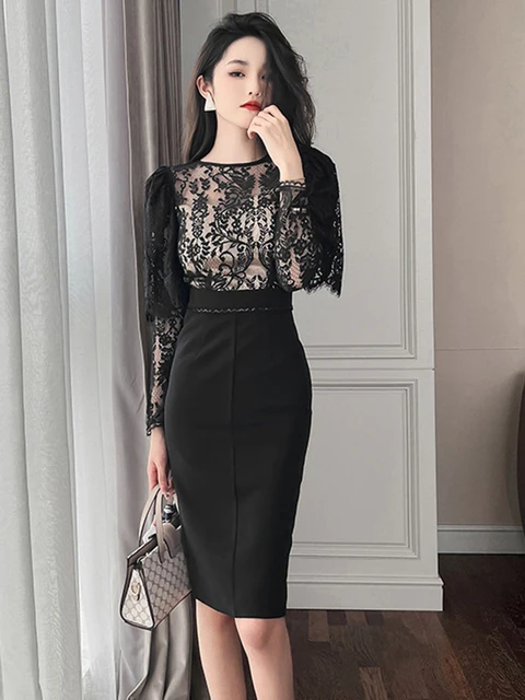 Design Lace Elegant Women Evening Dress Hollow See Through Puff Sleeve Skinny Slit Slim Midi Club Robe Femme Sexy Mujer Vestidos Excellent product recommendation