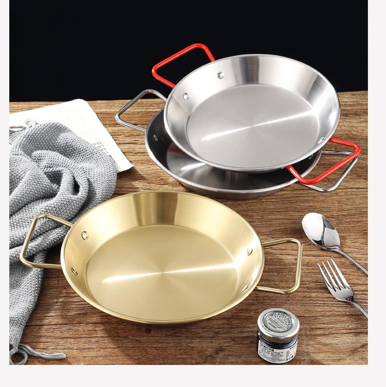 Stainless Steel Golden Serving Tray Round Spanish Seafood Cooking Pan With Two Handles Wok - 30Cm