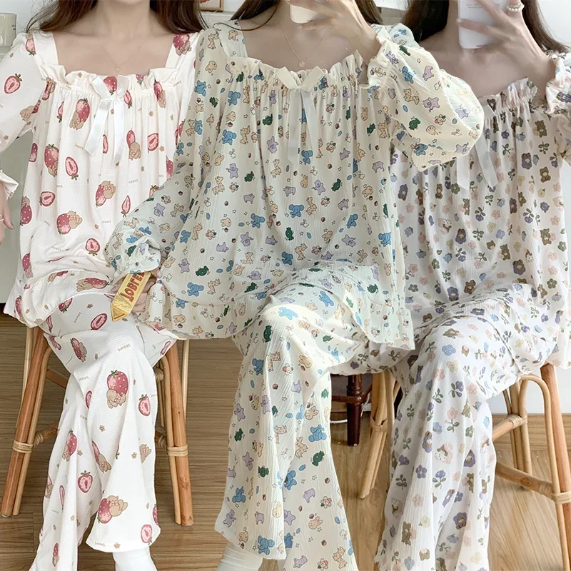 

Plus Size Long Sleeve Cotton Print Pajama Sets for Women 2023 Autumn Korean Cute Sleepwear Pyjama Homewear Pijama Mujer Clothes