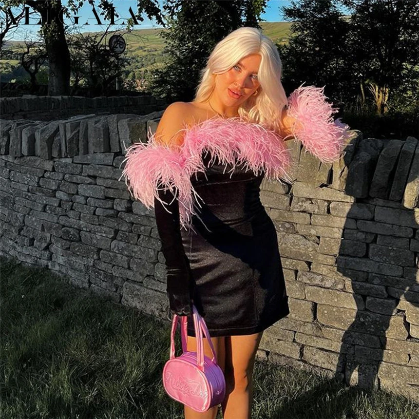 Autumn Sexy Strapless Pink Feather Sleeve Women Mini Evening Dress