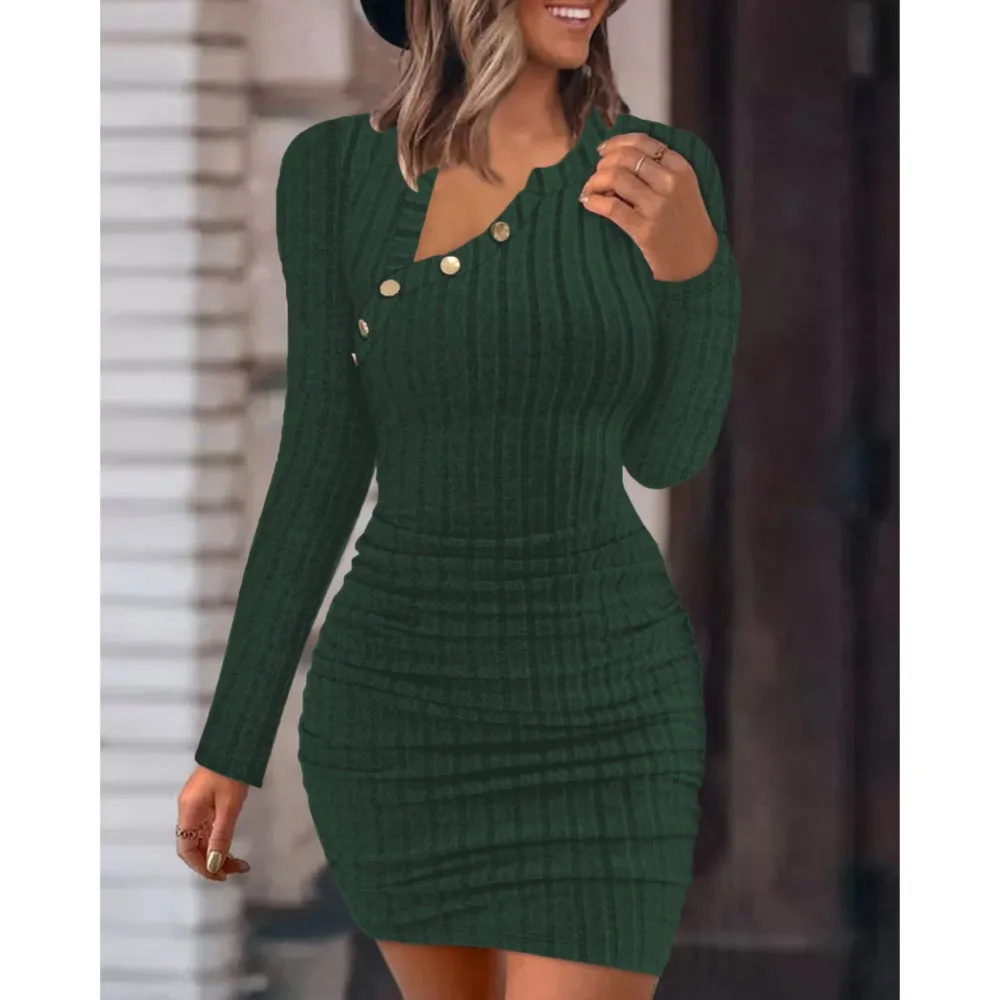 

Sexy Skew Nack Button Decoration Bodycon Dress Women 2023 Autumn Rib Knit Stripe Solid Long Sleeve Ruched Party Dresses Vestidos