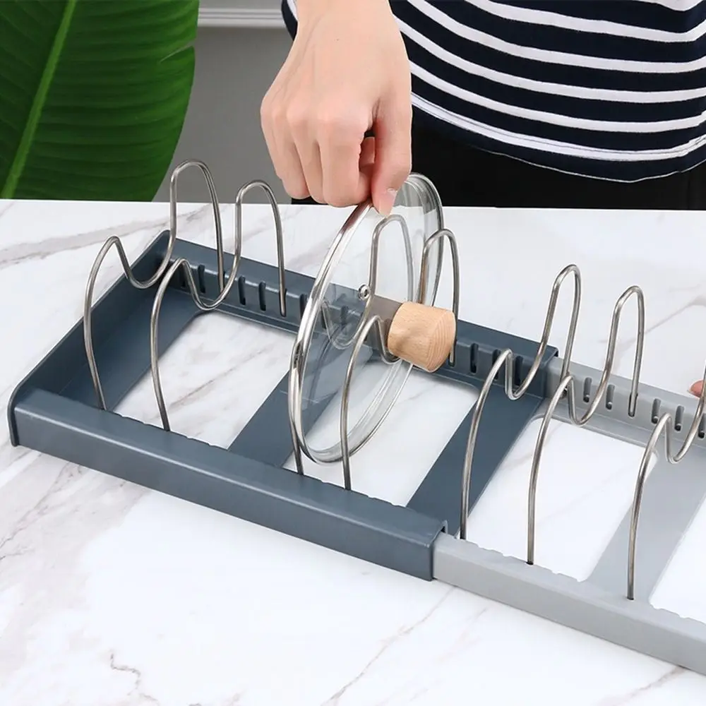 Description Picture 6 of itemStainless Steel Pot Lid Holder Adjustable Telescopic Dish Drying Rack Expandable Space Saving Cookware Dish Rack Cabinet