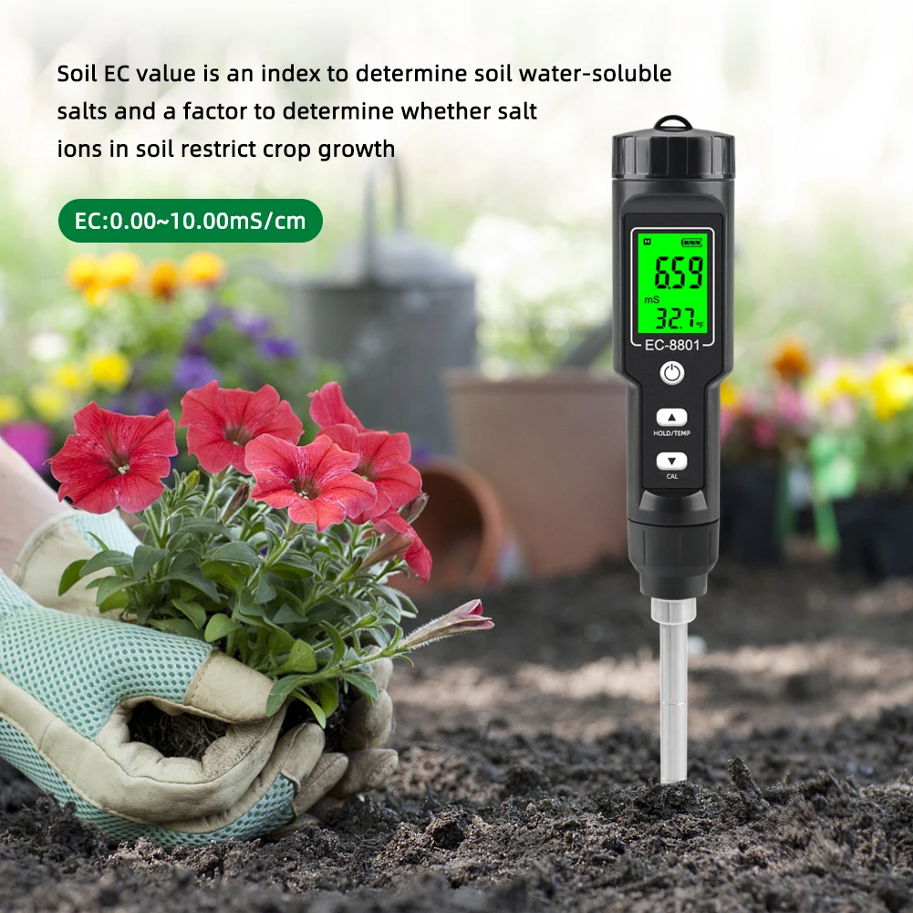 Soil EC Tester 0.00~10.00mS/cm Conductivity Soil EC PH Meter Detachable Probe Au