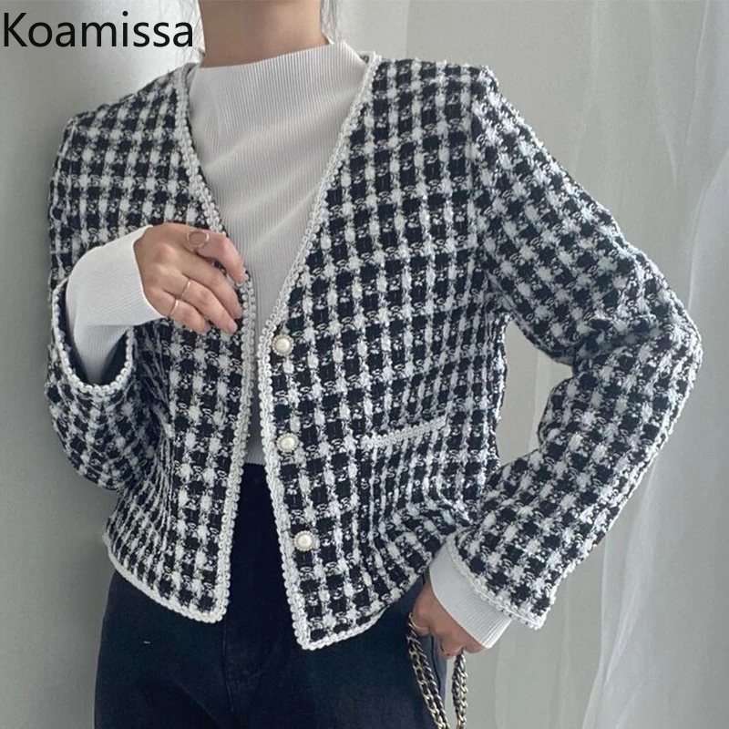 

Koamissa Elegant Women Plaid Loose Jacket Long Sleeves V Neck Casual Loose Coat Spring Autumn Chic Korean Outwear 2022 Coats
