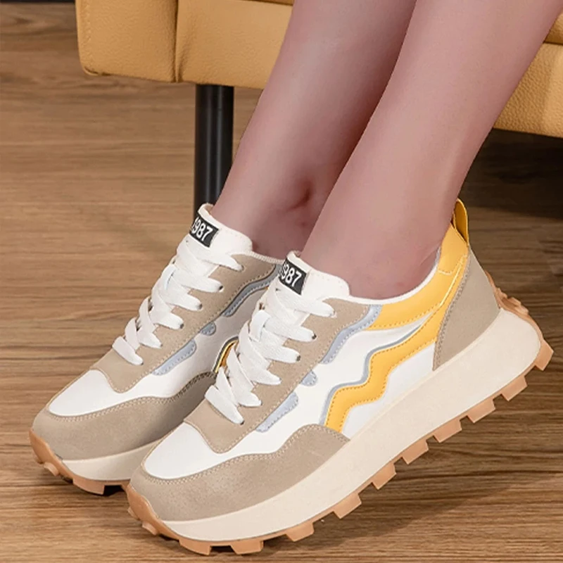 

Women Summer Color Block Letter Patch Decor Sneakers Soft Sole Shoes Women Chunky Heel Fashion Sneaker Breathable Sneakers Shoes
