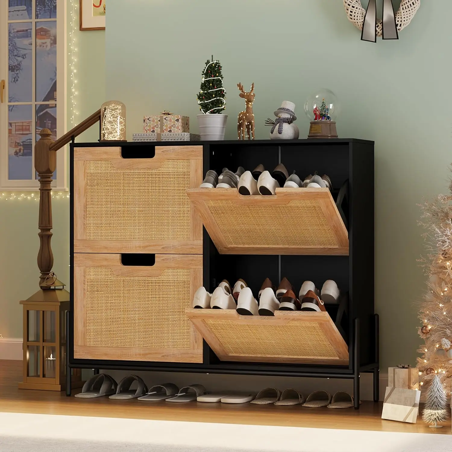 4 Drawers Shoe Storage Cabinet,Modern Rattan Shoe Organizer with Metal Legs,Freestanding Hidden Narrow Shoe Rack Cabinet