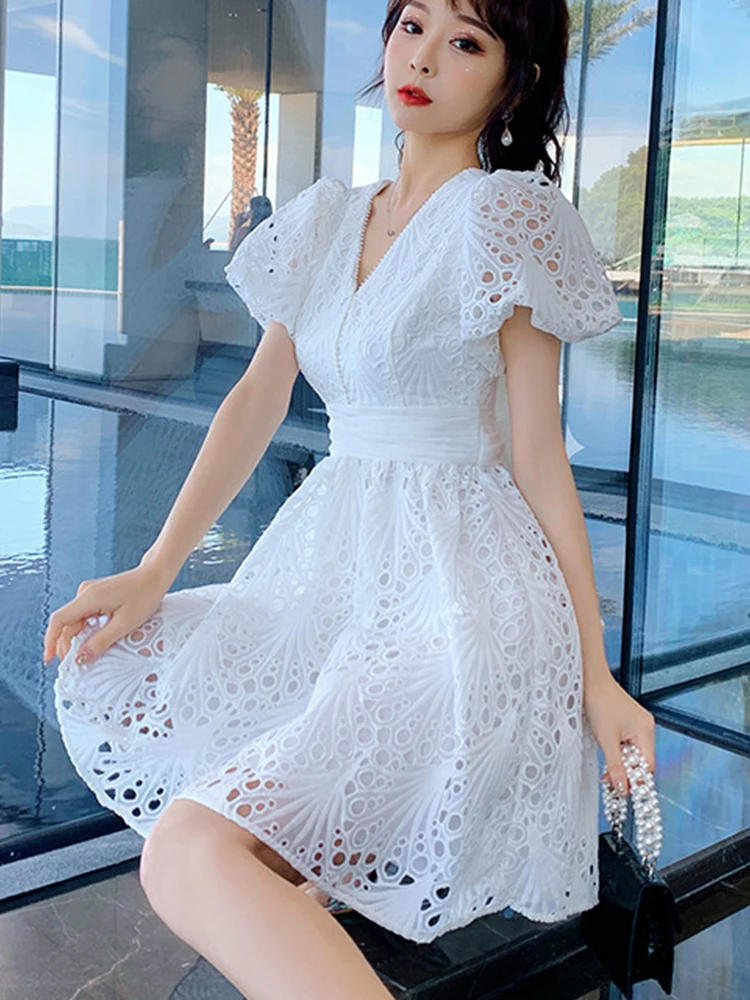 Encaje Vestido Blanco Algodon Mujer Vestido Blanco Corto Casual De