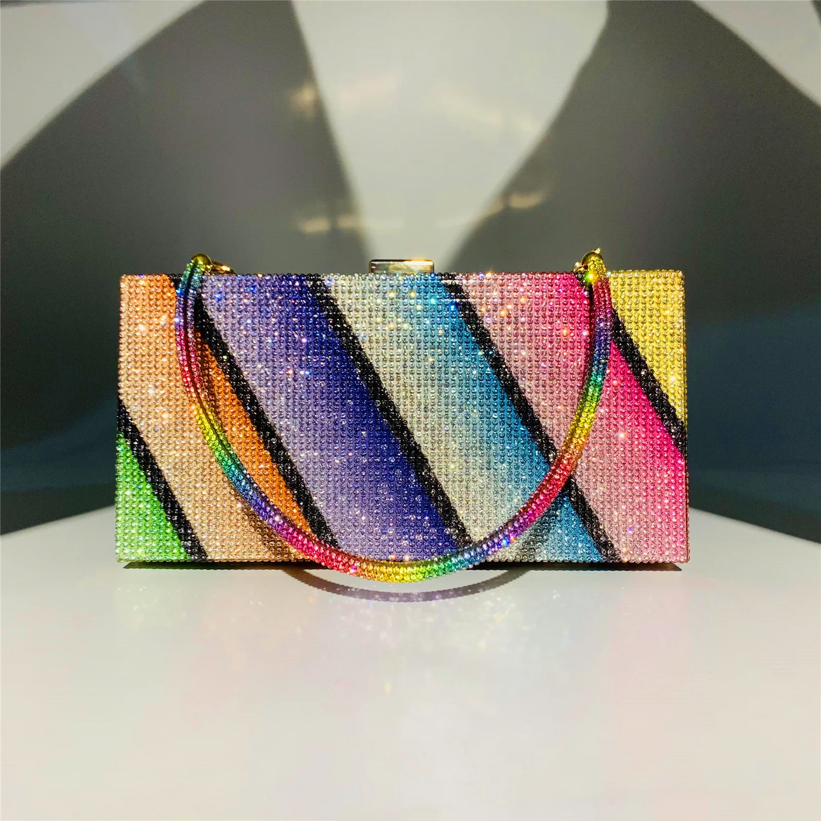 Rainbow Rhinestone Evening Clutch Handbag Money Purse Sparkling Bling Crystal Crossbody Shoulder bags Wedding Cocktail Party Bag