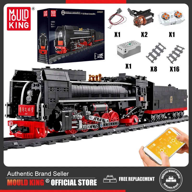 

MOULD KING 12003 Train Building Kits Technical RC Electric Railway Track QJ Steam Locomotive Train Kids Bricks Toys Xmas Gifts