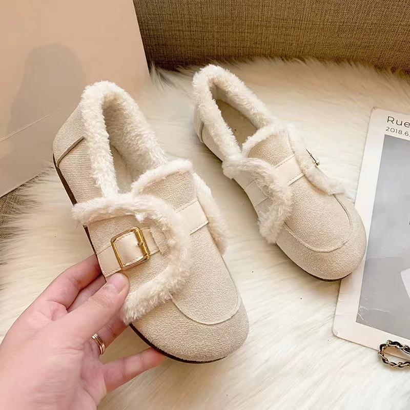 New Ladies Sweet Winter Women Shoes  Plush Outdoor Slip-On Casual Snow Boots Suede Shoes Comfortable Flats Loafers