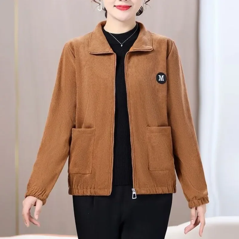 Autumn and Winter Women's Turn Down Collar Pockets Zipper Solid Color Loose Fitting Fashion Casual Elegant Long Sleeved Jacket