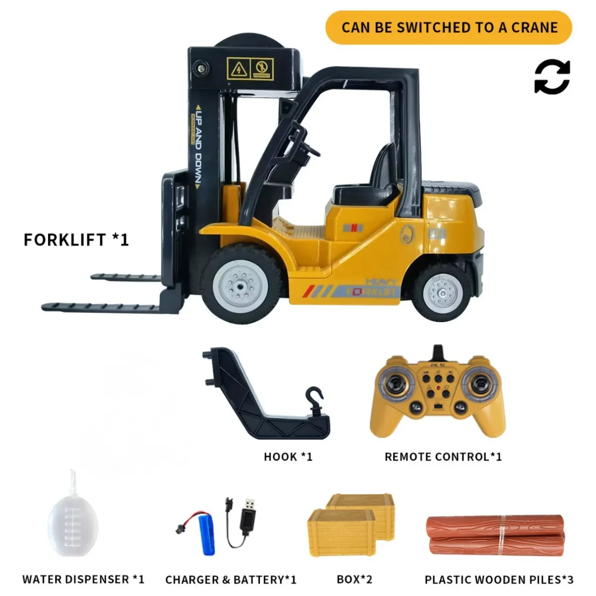 2In1 Rc Forklift Truck with Trailer Remote Control Car Engineering Vehicles Cranes Liftable Spray Simulated Sound Toys Gifts