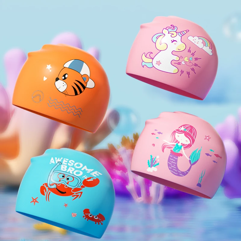 Swimming Cap New Cartoon Cute Children's Silicone Swimming Cap Boys Girls Professional Ear Protection Swim Cap for Kids Children Swmming Hat