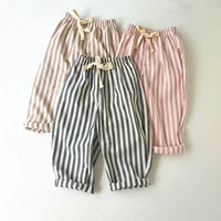 Retro Hemp Cotton Striped Boys' Pants with A Casual and High-end Design Elastic Waist Girls' Clothing Children's Pants 2
