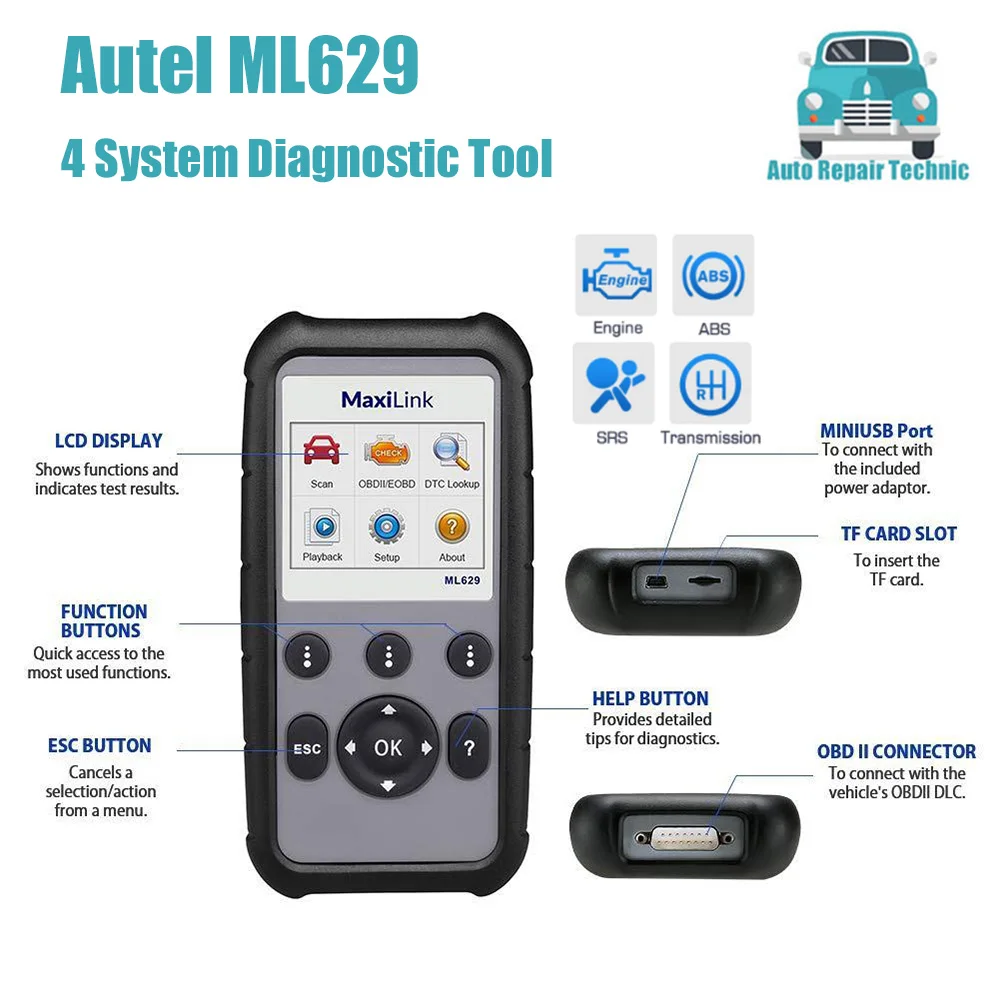 

Autel MaxiLink ML629 OBD2 Scanner ABS SRS Engine Transmission System Diagnostic Tool Full OBDII Diagnosis Lifetime Free Update