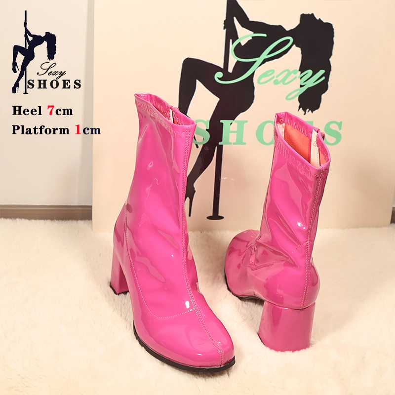 Costumes 60s 70s Go Go Boots Women Retro1960s 7cm High-heeled Square Heel Ankle Boots Round Toe Zip Short Boots Plus Size 46