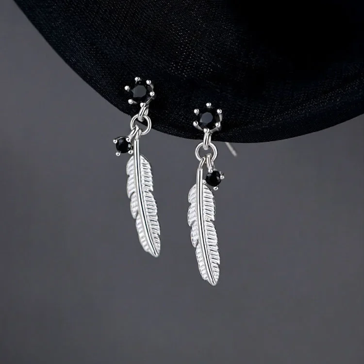 

925 Sterling Silver Temperament Exquisite Black Stone Feather Earrings Pendant for Women Gifts Handmade Ear Studs Fine Jewelry