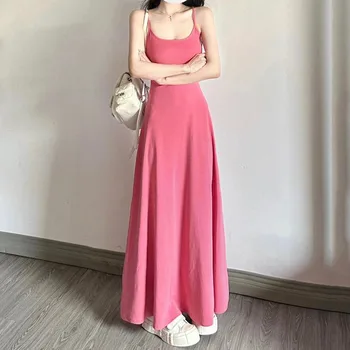 Solid Casual Basic Spaghetti Strap Dress Woman Elegant Slimming Waist-Tight A-Line Dress Korean Chic Off Shoulder Long Dresses 1