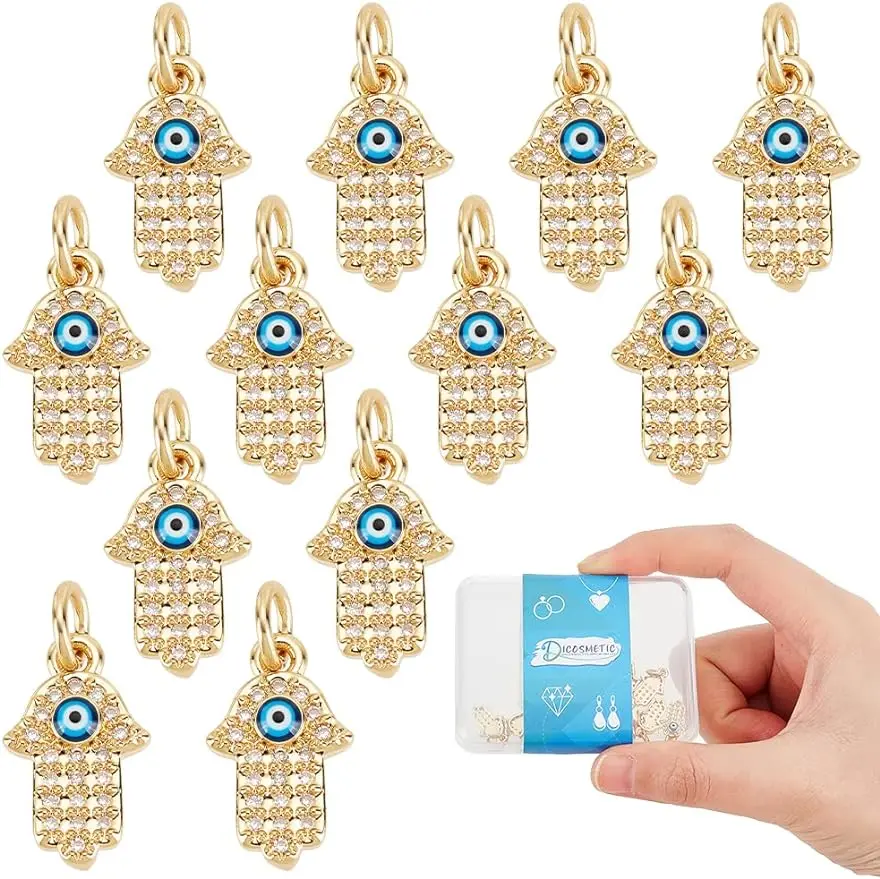 

2Styles 12Pcs Hamsa Hand Pendants Brass Micro Pave Cubic Zirconia Charms Blue Evil Eye Charms Hand of Fatima Protection Charms