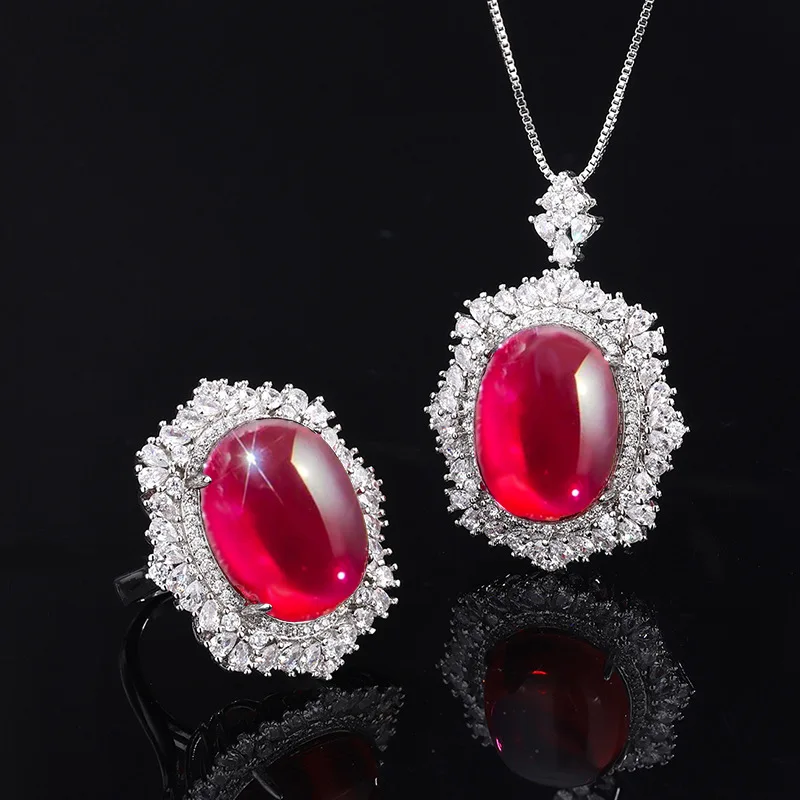 

S925 Sterling Silver Lab Created Halo Ruby Luxury Jewelry Set For Women Pendant Necklace For Women Free Shipping Engagement Ring