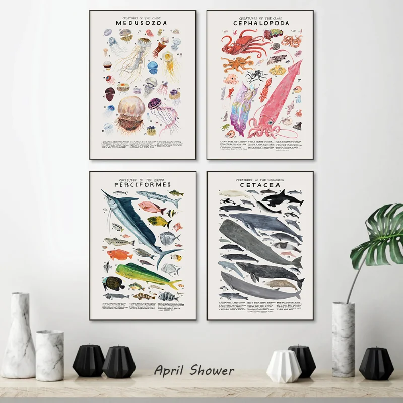 Abstract Marine Organisms Jellyfish Whale Squid Fishes Posters Canvas Painting and Prints Wall Art Picture for Room Home Decor 2