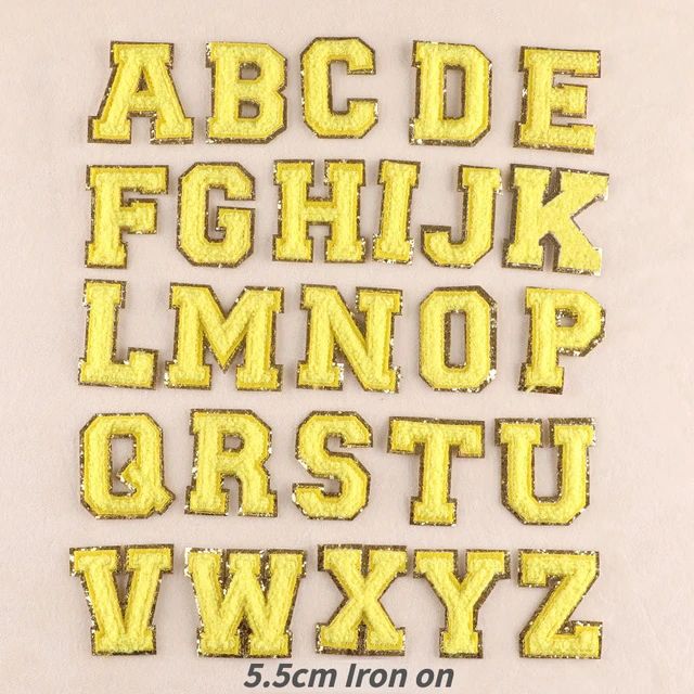 5.5CM Yellow Chenille Letter Patches Iron on Towel Embroidered Felt  Alphabet Glitter Sequin Heat Adhesive