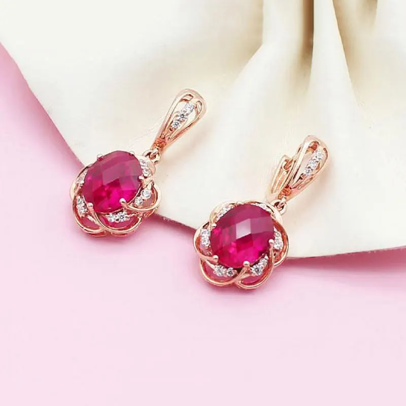 Orecchini Oro Rosa 14kt Con Rubino Naturale – Piccoli Fiori In Oro Massiccio 585, Pietra 0,38 Ct, Gioielli Per Donna - 6